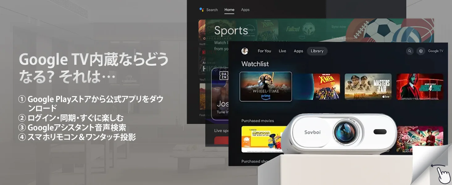 投影された Google TV のホーム画面と Sovboi E30Max