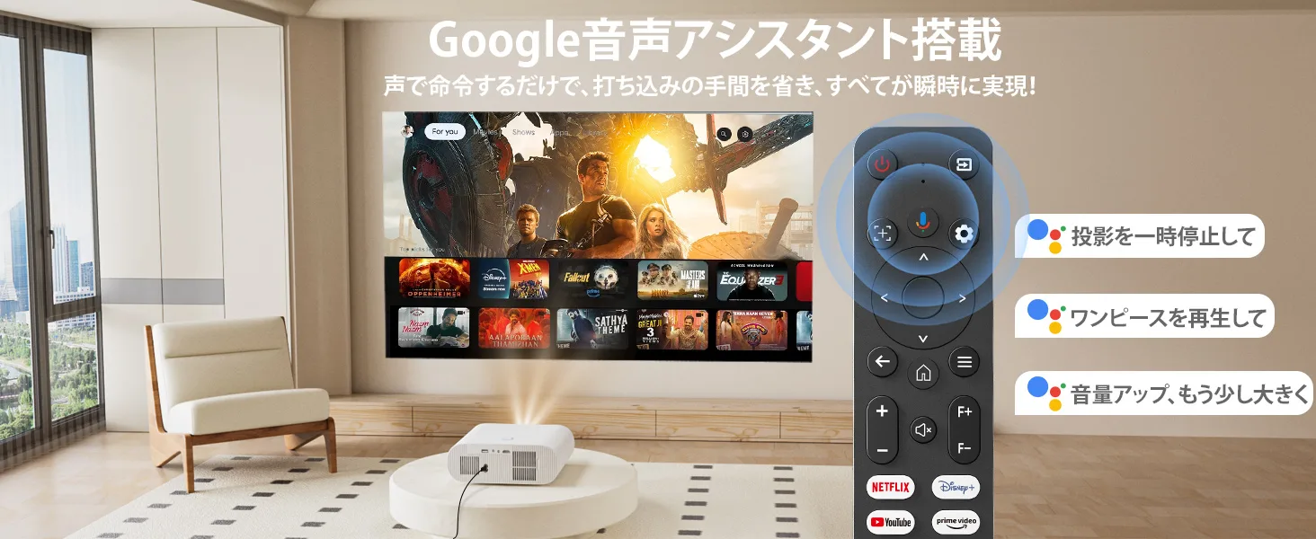 音声ボタン付きリモコンと投影された Google TV 画面